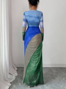 Rafferiza Women Ombre Print Crew Neck Long Sleeve Dress Maxi Women Outfit Casual Outfits Spring Fall Cloth For Women - Baby Blue - View 5