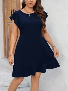 SHEIN Clasi Vestido casual de verano de talla grande de unicolor con volantes, atuendos de oficina para mujeres - Azul Marino - Ver 4