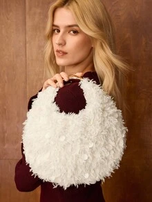 MOTF PREMIUM 女士手提包，毛绒，亮片，优雅，时尚，派对，日常 - 杏色毛 - 查看 6