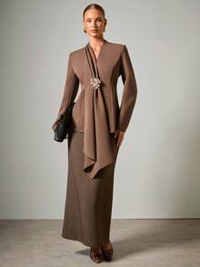 COSMINA 女士金属花朵装饰长袖优雅薄款西装外套，秋冬商务休闲女士 - 咖啡棕 - 查看 5