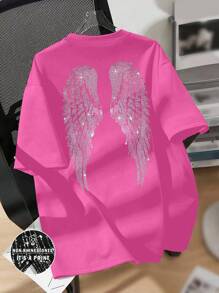 Women's Casual Wing Print Round Neck Short Sleeve T-Shirt, Summer - Hot Pink - View 1