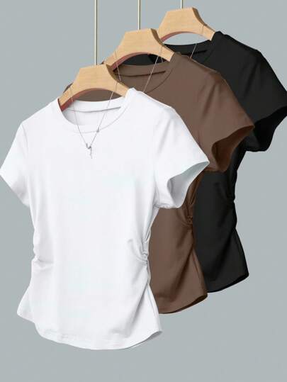 INAWLY Camiseta casual de mujer con pliegues de unicolor, verano