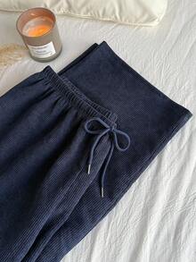 Comfortcana 大码宽松直筒抽绳腰灯芯绒牛仔裤 - 藍色 - 查看 6