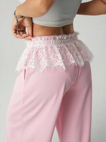 SHEIN ICON 宽松纹理面料蕾丝腰带休闲运动裤 - 粉色 - 查看 6