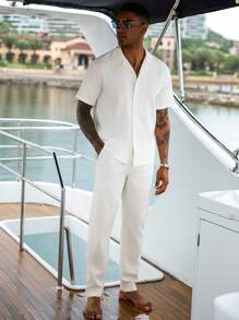Manfinity Homme Men's Simple Solid Color Front Button Short Sleeve Shirt And Pants Set, Summer Men Cruise Outfit Men All White Beach Set Vacation Two Piece Set Men Men White Linen Outfit, Old Money, Cozy Outfits - White - View 4