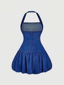 SHEIN MOD 女式露背挂脖牛仔连衣裙 - 藍色 - 查看 2