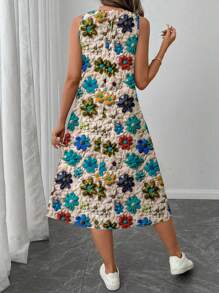 SHEIN LUNE Đầm nữ dáng lửng cổ tròn họa tiết hoa, thích hợp cho mùa xuân/hè, đầm thường ngày cho nữ, đầm thanh lịch in hoa, đầm midi in hoa, đầm in họa tiết hoa, quần áo nữ, đầm mùa thu cho nữ, đầm thường ngày. - Nhiều màu - Xem 4