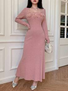 Modelyn Elegant Solid Color Butterfly Decor Fishtail Dress Fall Cloth For Women - Dusty Pink - View 7