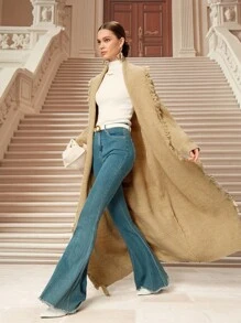 SHEIN Unity Nouveau cardigan poncho tricoté décontracté amincissant, pull ample à franges vêtement d'extérieur pour l'automne/l'hiver - Nude - Voir 3