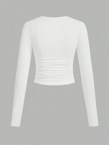 SHEIN EZwear 3 件套女士休闲纯色圆领褶皱长袖 T 恤，黑色、白色、粉色，秋冬 - 彩色 - 查看 9