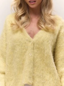 MUSERA 毛绒针织宽松V领纽扣开衫，秋季复古乡村风，返校季休闲女装，奶油黄/焦糖色，冬日时尚春季毛衣 - 黃色 - 查看 5