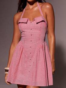 Athîral 女式夏季时尚格子露背挂脖迷你连衣裙 - 紅色 - 查看 5