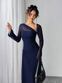 Siren Gaze 秋季女式网眼修身长袖A字下摆长裙 - 藏蓝色 - 查看 3