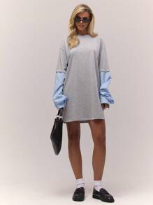 MUSERA 叠层超大条纹短袖T恤裙，复古乡村风，可爱俏皮，适合返校季休闲穿着，女款奶油糖色，派对优雅风。 - 灰色 - 查看 4