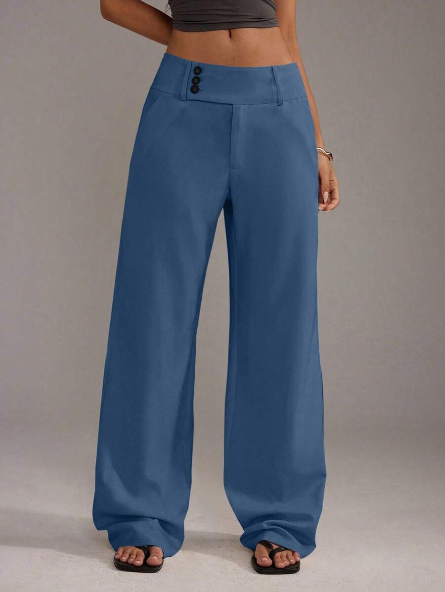 TRNVIE Quần ống đứng lưng thấp màu trơn đơn giản đa năng - Màu xanh lam - Xem 1