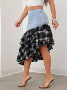 Vixey Stretch Denim Contrast Ruffle Hem Asymmetrical Skirt, Brunch, Western Wear, Cowgirl, Country Concert - Black and White - View 3