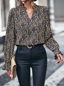 Calvaya 女士V领常规肩长袖碎花休闲宽松衬衫 - 咖啡棕 - 查看 4