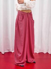 COUREZ 中性低腰宽松格纹长裤 - 酒紅色 - 查看 4