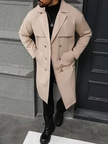 Manfinity Homme 男士街头热销INS风男士纽扣前襟长袖口袋简约休闲风衣，外出法兰绒风衣，适合送给朋友、丈夫、男友的礼物，男士长款外套，男士米色外套，男士风衣，秋季新款 - 卡其色 - 查看 7