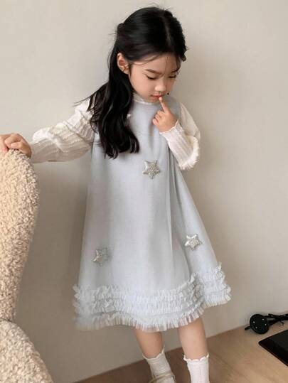 DAZY 女童圆领星星装饰可爱派对生日中长款薄纱荷叶边连衣裙