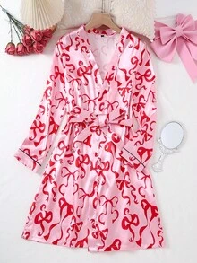 Áo choàng ngủ bằng lụa satin giả nhẹ in nơ thời trang trở lại trường cho nữ, mùa thu, Giáng sinh - Nhiều màu - Xem 3
