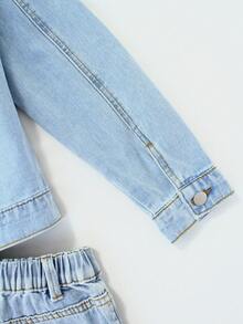 2pcs/Set Young Girls Light Blue Streetwear Fashion Denim Vest & Shorts Suit,Tween Girls Soft Fabric Daily Wear Back-To-School School Autumn Outfit - Light Wash - View 6