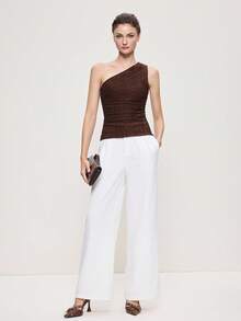 BizChic 2025 Novo Outono/Inverno Top Feminina de Tricô Texturizado com Ombro Assimétrico e Corte Assimétrico na Cor Marrom Café, Moderno e Elegante, Casual Urbano para Escritório, Adequado para Encontros, Festas, Passeios, Aeroportos, Concertos de Música Country Romântica, Estilo Coreano, Casamento, Aniversário, Halloween, Natal - Castanho - Visão 3