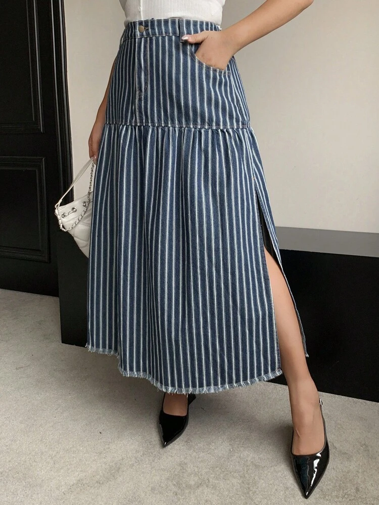 Dazy Plus Long A-Line Patchwork Striped Side Slit Fringe Hem Denim Skirt, Suitable For All Seasons Jeans Skirt