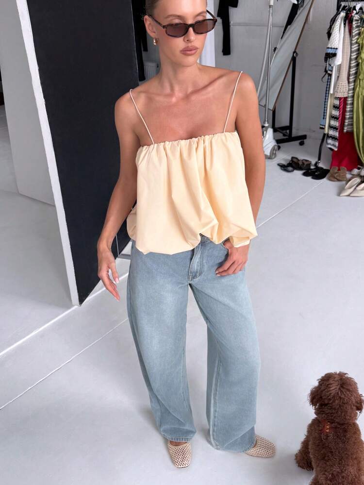 Ruched Balloon Hem Cami Top With Spaghetti Straps