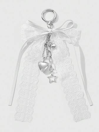 Kawaii 1pc Style Minimalist Elegant Versatile White Leather Lace Bow Silver Chain Star CCB Heart DIY Keychain Bag Charm, Suitable For Women, Daily Wear, Holiday Gift