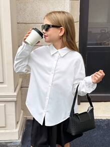 SHEIN Serisse Kids بلوزة بيضاء فضفاضة للبنات المراهقات، طويلة الأكمام، ياقة مفرودة، فتحة خلفية، مناسبة للارتداء اليومي والعودة للمدرسة - أبيض - مشاهدة 9