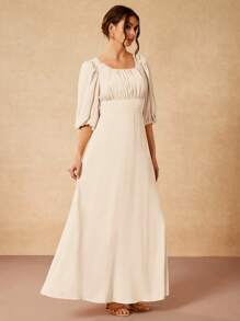 Gabriela Silveira 纯色方领泡泡袖短袖垂坠优雅长裙 - 白色 - 查看 1