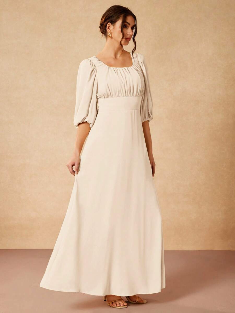 Gabriela Silveira 纯色方领泡泡袖短袖垂坠优雅长裙 - 白色 - 查看 1