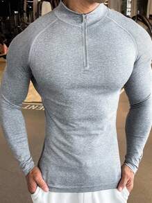 Manfinity Sport Corelite Men's Solid Color Long Sleeve Casual Sports T-Shirt, Simple & Fashionable For Daily Wear 4-Way Stretch Material Sweat-Wicking Lightweight Minimalist Design Quarter Zip Slim Fit For Workout Performance-T Compression Shirt Men - Grey - View 3