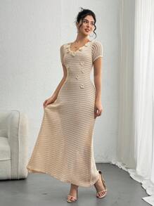 DAZY 3D Floral V-Neck Hollow Out Short Sleeve Dress, Unique Design Women Coverup - Khaki - View 6