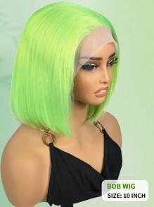 Green Bob Human Hair Wig, 13x4 Lace Frontal Short Straight Bob Wigs, Pre‑Plucked Hairline, 150% Density, Healthy Durable Remy Hair, Natural Looking For Women Daily Wear & Halloween Cosplay - SGreen - View 3