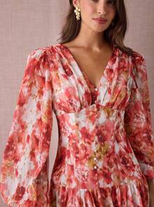 Enchnt Rochie elegantă pentru femei cu imprimeu floral, decolteu în V, mâneci tip felinar, tiv cu volane - roșu - Vizualizare 2