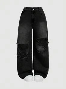 SHEIN MOD Plus Size Women's Casual Loose Fit Distressed Wide Leg Jeans, Blue,Fall Clothes For Women Black Ripped Jeans Oversized Jeans Baggy Black Jeans Loose Jeans Ripped Baggy Jeans