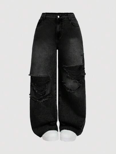 SHEIN MOD Plus Size Women's Casual Loose Fit Distressed Wide Leg Jeans, Blue,Fall Clothes For Women Black Ripped Jeans Oversized Jeans Baggy Black Jeans Loose Jeans Ripped Baggy Jeans