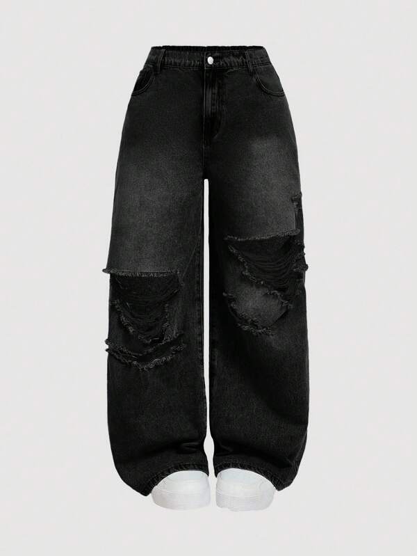 SHEIN MOD Jeans anchos de pierna ancha con efecto desgastado, de ajuste holgado y casual, para mujer de talla grande, color azul