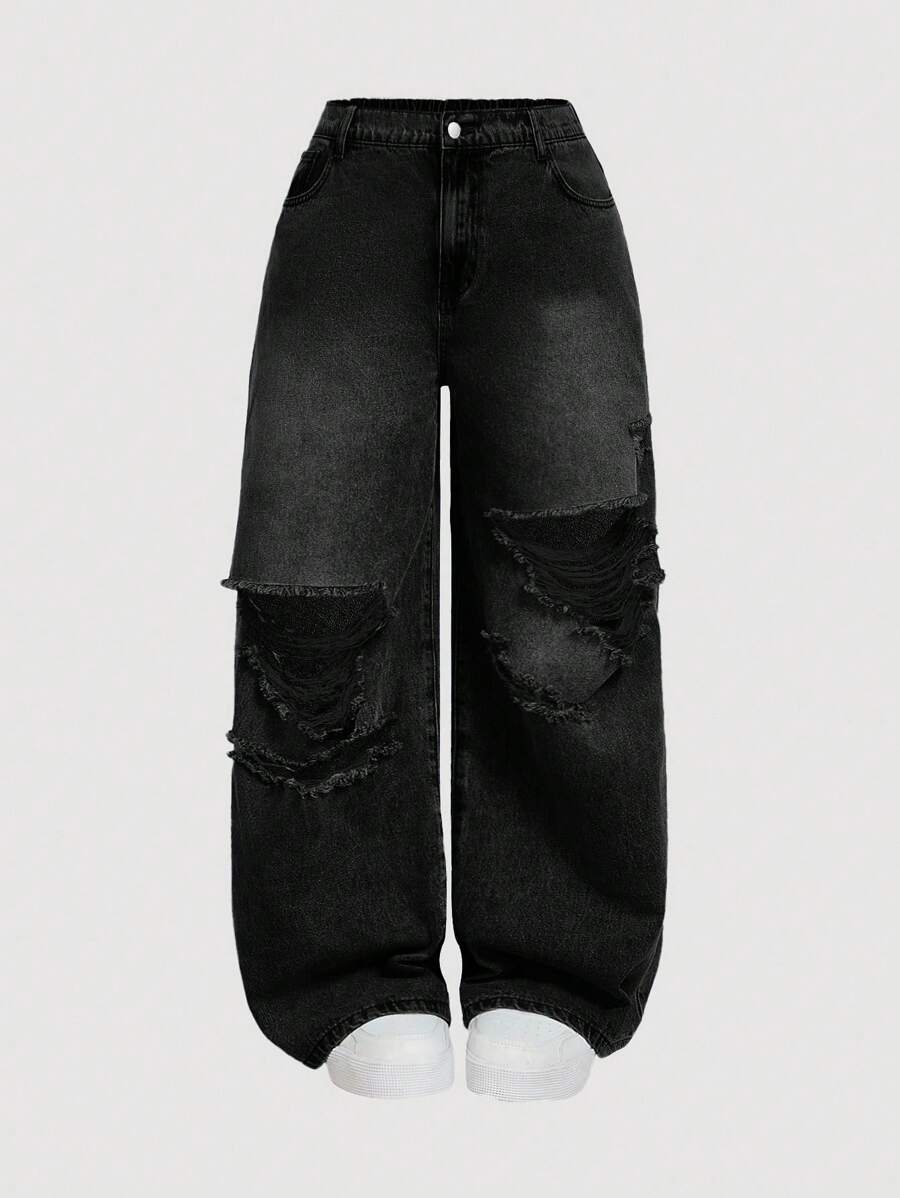 SHEIN MOD Plus Size Women's Casual Loose Fit Distressed Wide Leg Jeans, Blue,Fall Clothes For Women Black Ripped Jeans Oversized Jeans Baggy Black Jeans Loose Jeans Ripped Baggy Jeans