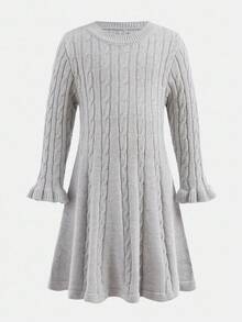 SHEIN Young Girl Loose Casual Minimalist Comfortable Round Neck Long Sleeve Sweater Dress,In Fall/Winter - Grey - View 2