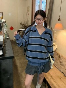DAZY Women's Collared Korean Style Striped Casual Solid Color Back To School Long Sleeve Sweater Fall - Blue - View 2