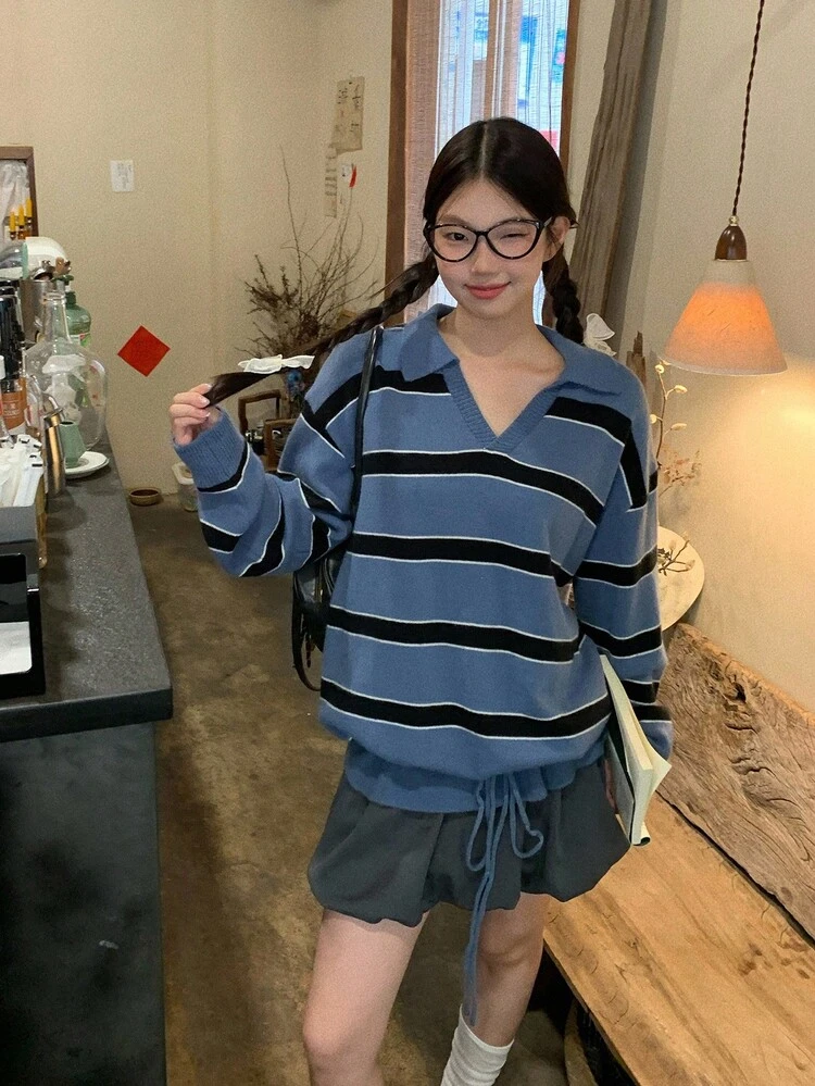 Women's Collared Korean Style Striped Casual Solid Color Back To School Long Sleeve Sweater Fall