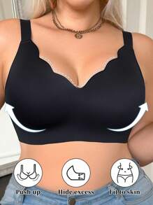 SHAPORA Áo ngực không gọng liền mạch cỡ lớn dành cho nữ, nâng ngực, cổ chữ V, dây đeo vai rộng, thoải mái, một mảnh - màu đen - Xem 3