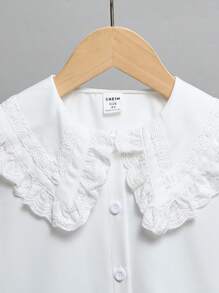 SHEIN Playful Pals 年轻女孩刺绣花卉荷叶边领长袖衬衫，优雅，春秋 - 白色 - 查看 3