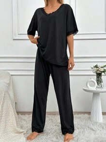EURMUSE Cotton 2pcs/Set Women's Lace Detail Homewear Pajama Set - Black - View 4