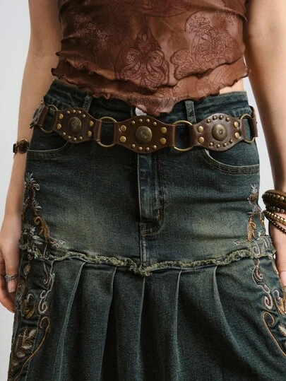 ROMWE Grunge Punk 1 chiếc thắt lưng da không đối xứng phong cách Punk Rock, thắt lưng da đính đinh tán kim loại thời trang cổ điển Y2K, thắt lưng phụ kiện trang trí cá nhân