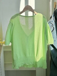 Comfortcana Plus Size Casual Solid Color Short Sleeve Lightweight Cardigan - Mint Green - View 3