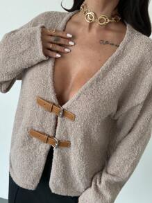 Firerie Women's Elegant Light Beige Cardigan,Autumn Front Contrast Leather Buckles Knitted Sweater,Dropped Shoulder Long Sleeve Brunch Top,Old Money Style - Apricot - View 7